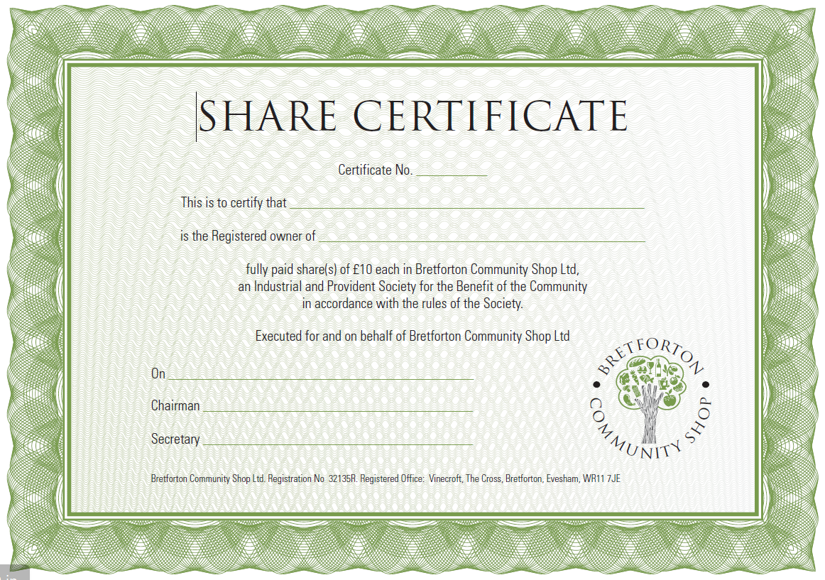 A share certificate for Bretforton Community Shop