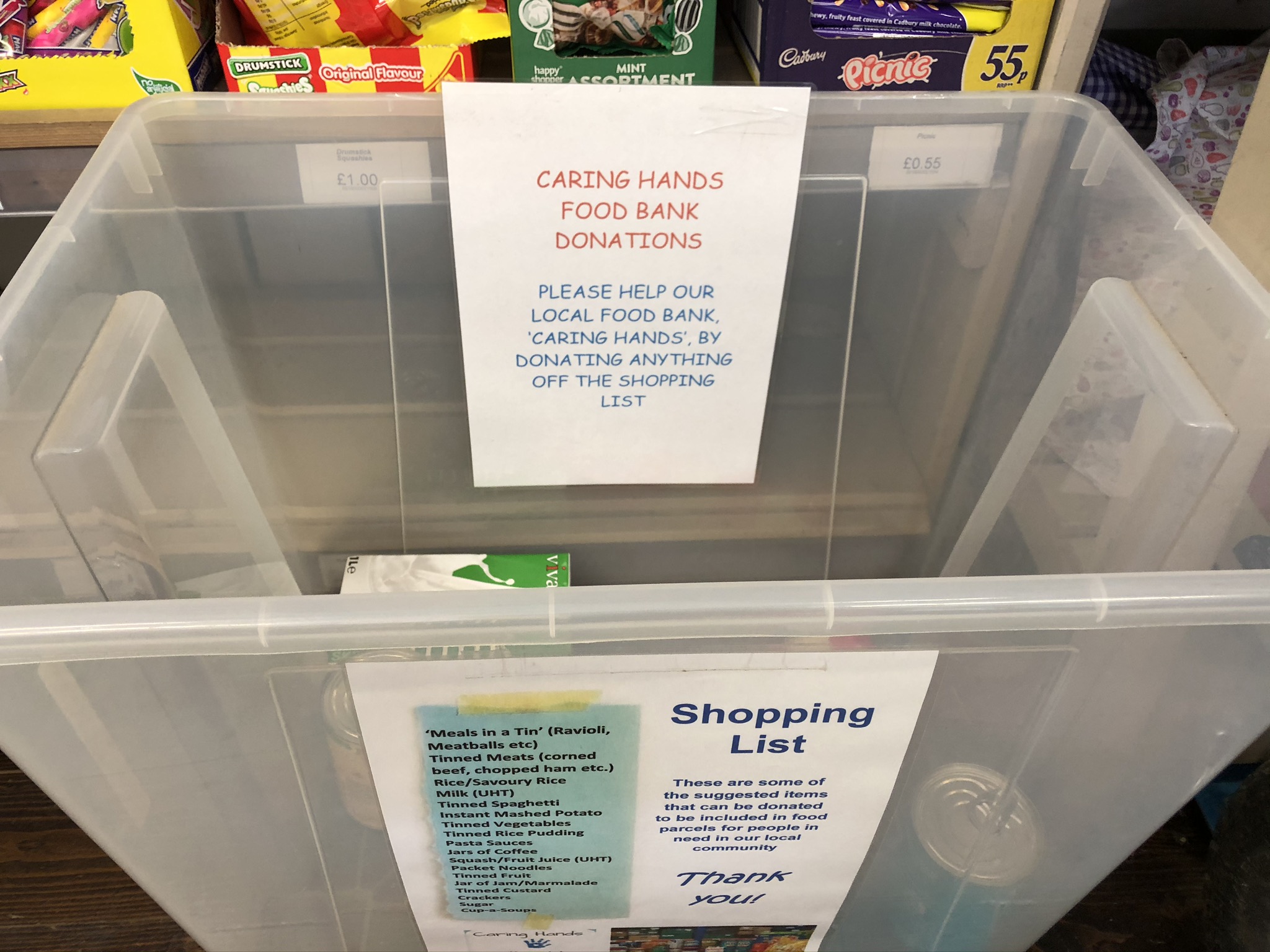 A foodbank box for collecting donations at Bretforton Community Shop