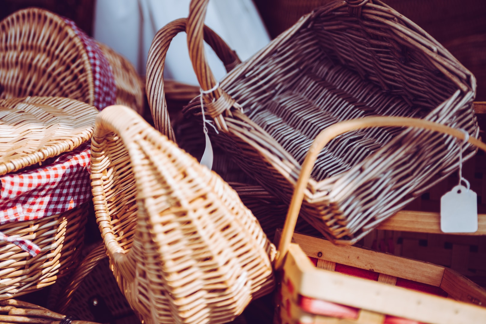 A photo of a collection of rattan baskets and hampers
