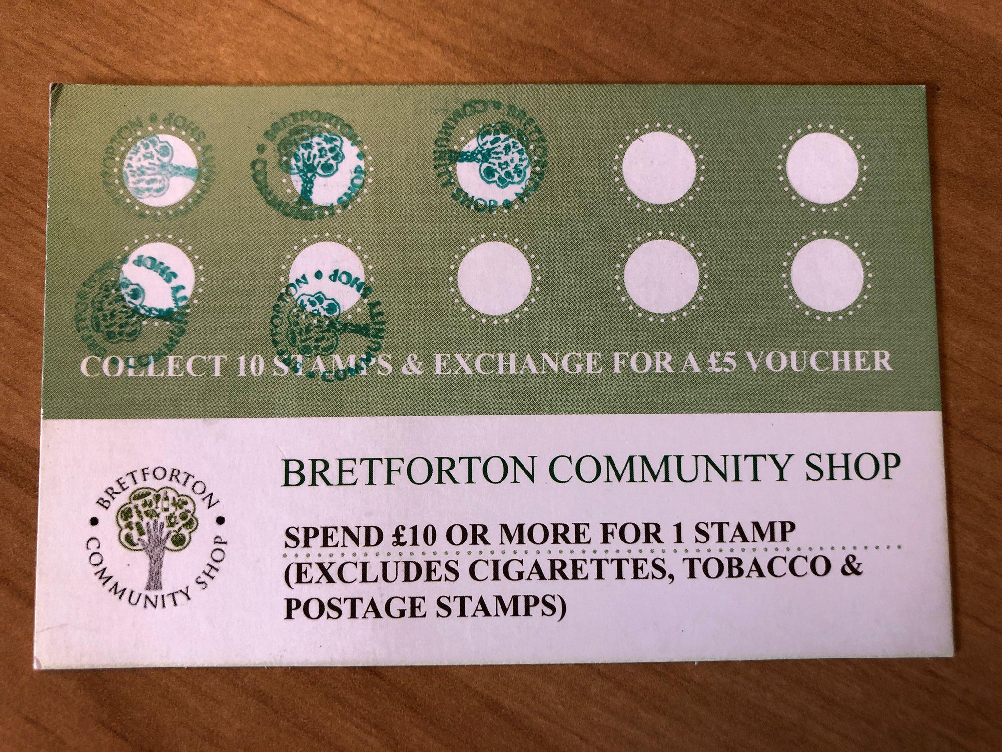 A photo of Bretforton Community Shop's loyalty card showing some stamps have been collected