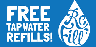 A graphic of white text saying "free tap water refills" on a blue background