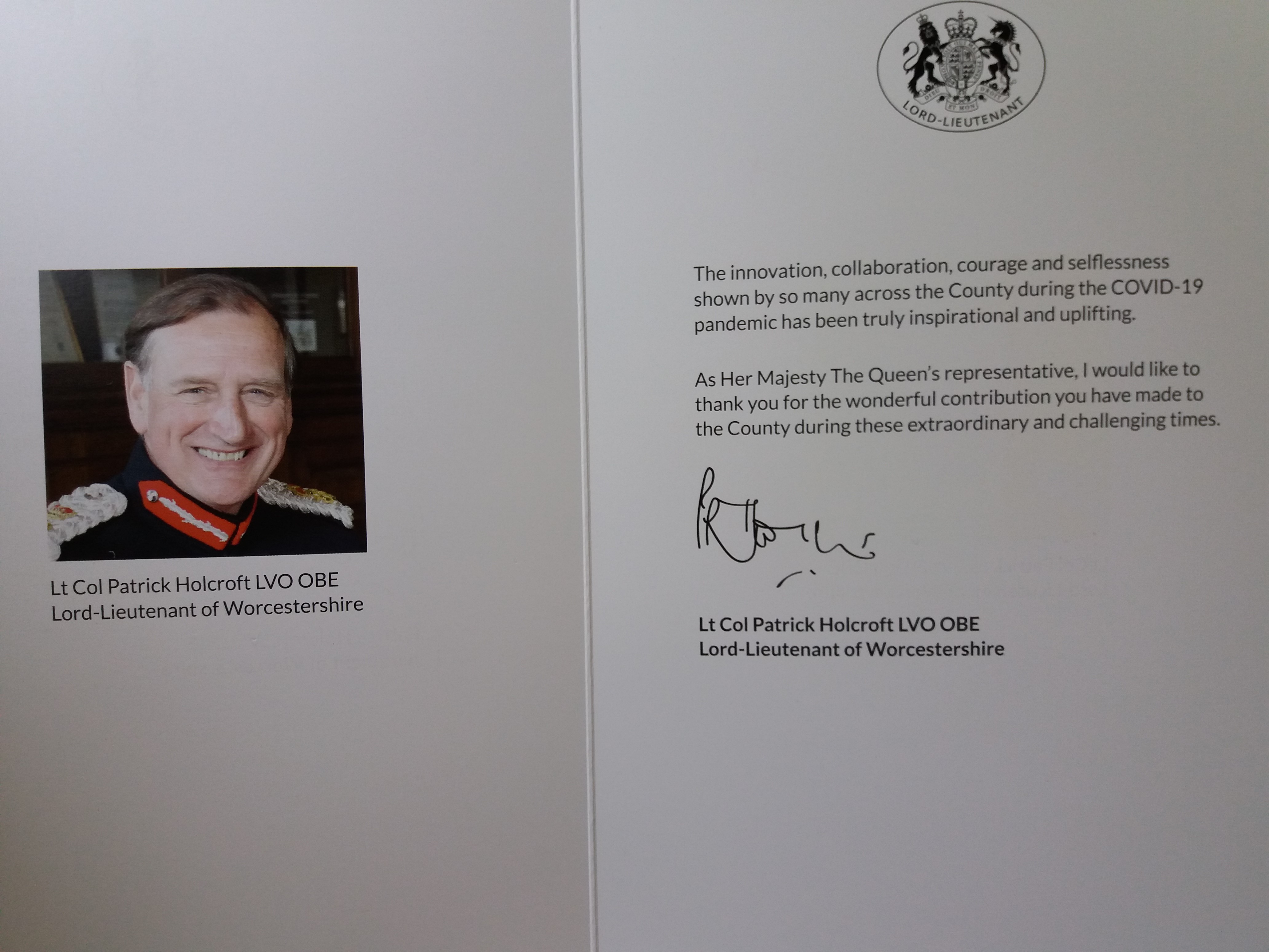 A photo of a card from the Lord Lieutenant of Worcestershire