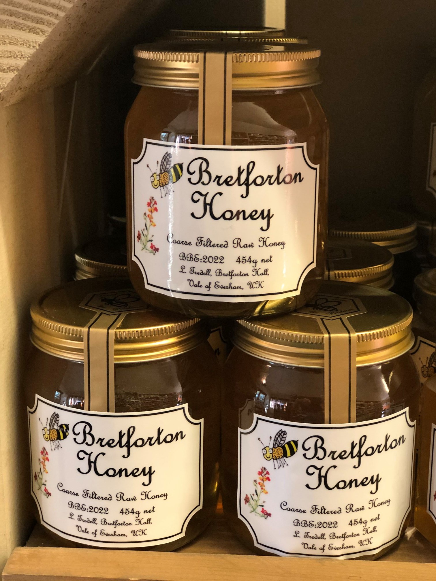 A photo of three jars of Bretforton honey