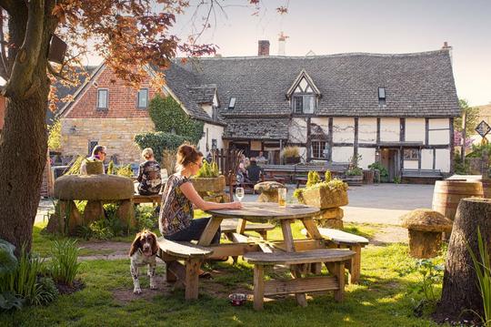 A photo of pubgoers with their dogs sitting on tables outside The Fleece Inn Bretforton