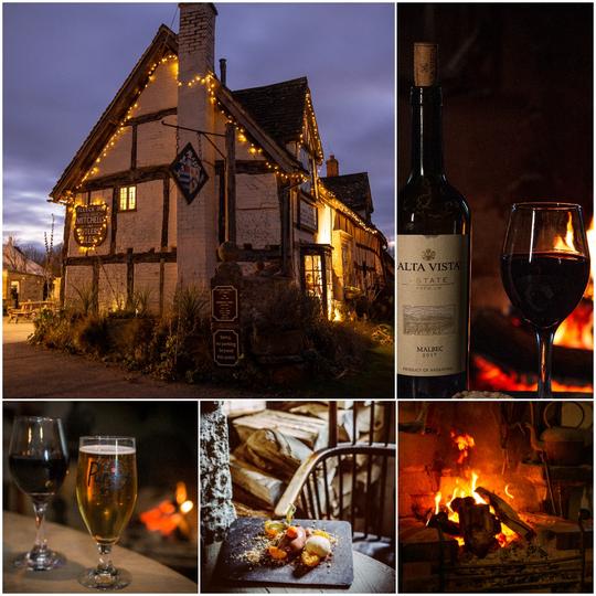 Autumnal photos of roaring open fires, beer and wine glasses in The Fleece Inn Bretforton